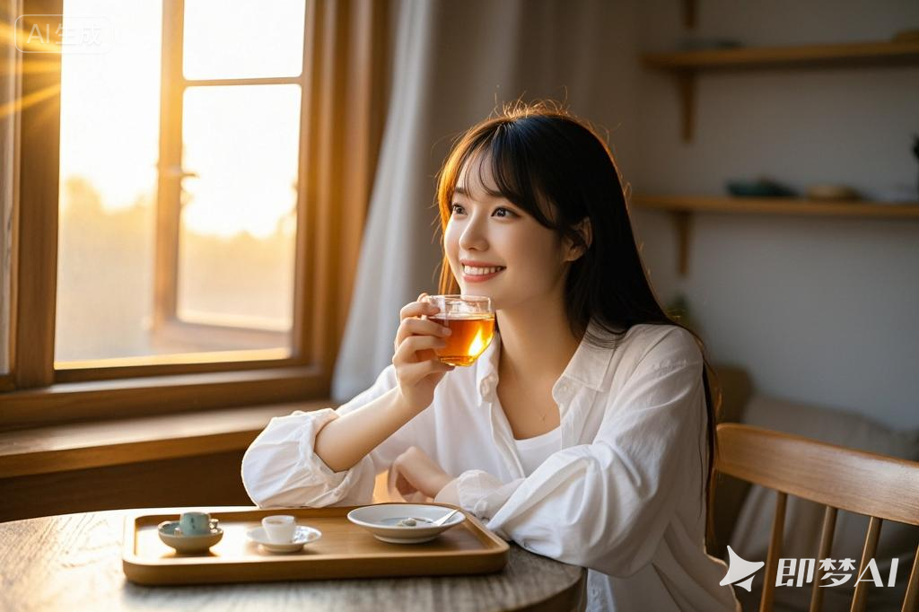 jimeng-2025-03-18-1077-坐在窗边看日出，面带笑容喝茶.png
